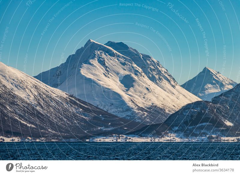 Berg über dem Fjord tromso Norwegen Norweger Fjorde Europa Eis Winter Norden Alaska arktische Kreuzfahrt Boot atemberaubend kalt Ausflugsziel entdecken