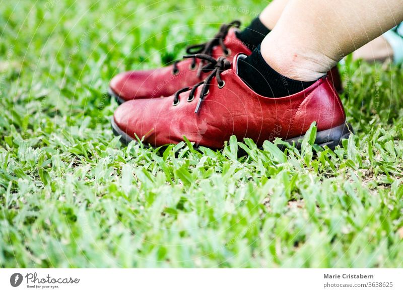 ein Paar rote Lederschuhe auf dem grünen Gras im Park allein Hintergrund Farbe Konzept Textfreiraum covid-19-Pandemie Eleganz Mode modisch Fuß Schuhe