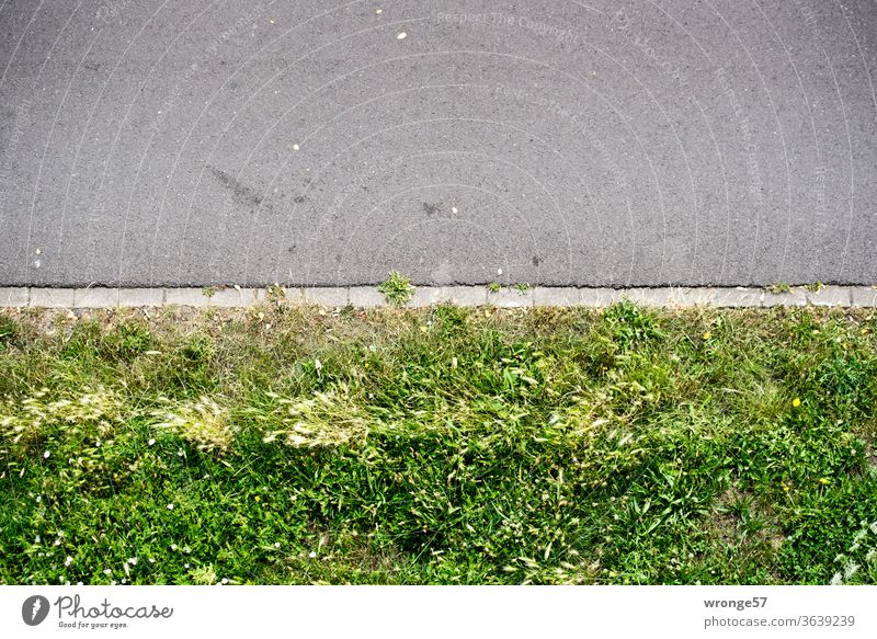 Obere Bildhälfte ein Gehweg aus schwarzen Asphalt, die untere Hälfte grüner Rasen Bildteilung oberer Teil obere Hälfte Fußweg Asphaltband Unterer Teil