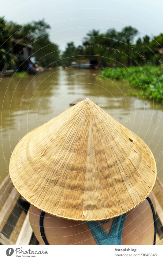 Frau mit Reishut in einem Boot in Vietnam Kegelhut Non La Fluss Reise Mekong Mekong Delta gelb traditionell Stroh Reisstroh fahren Wasser Braun grün bunt Rücken