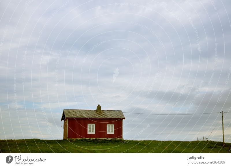 Norwegen Umwelt Natur Landschaft Himmel Wolken Wiese Küste Haus Hütte Gebäude Architektur klein Stimmung Einsamkeit Leben ruhig Häusliches Leben Farbfoto