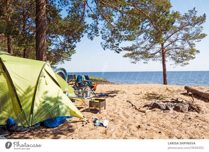 Camping und Zelt am Strandmeer unter dem Kiefernwald am Ufer des Finnischen Meerbusens, St. Petersburg, Russland. Konzept der Outdoor-Aktivitäten, gesunder Lebensstil