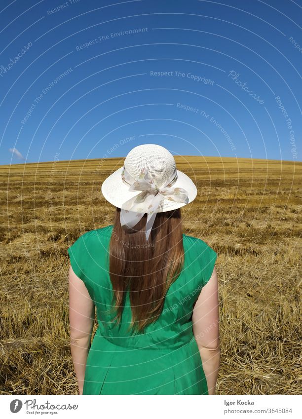 Rückansicht einer Frau, die an Land steht Feld Sommer Klarer Himmel grün Kleid Hut Wiese Landschaft Schönes Wetter Freiheit Lifestyle Textfreiraum