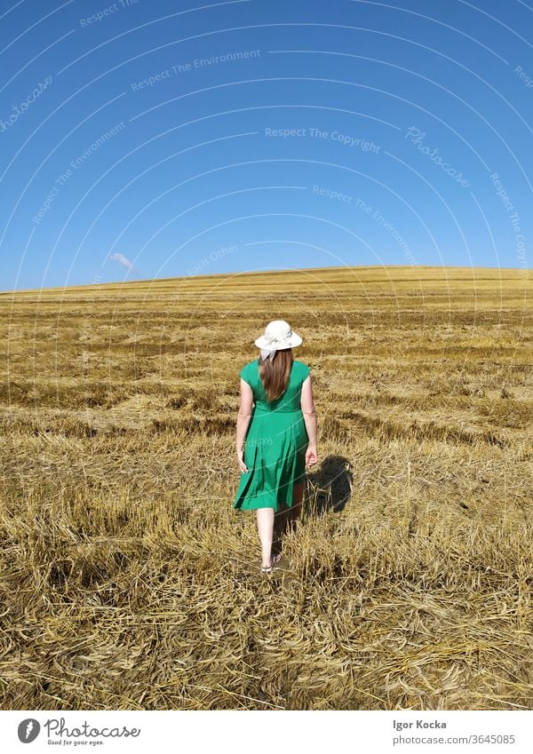 Rückansicht einer an Land gehenden Frau laufen Feld Sommer Klarer Himmel grün Kleid Hut Wiese Landschaft Schönes Wetter Freiheit Lifestyle Textfreiraum