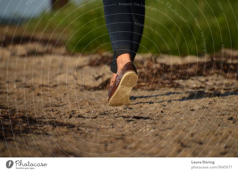 Strandspaziergang Schuhe Füße Beine gehen Mensch Frau weiblich Außenaufnahme Damenschuhe Spaziergang spazieren sein Ruhe Frieden Detailaufnahme Idylle schön