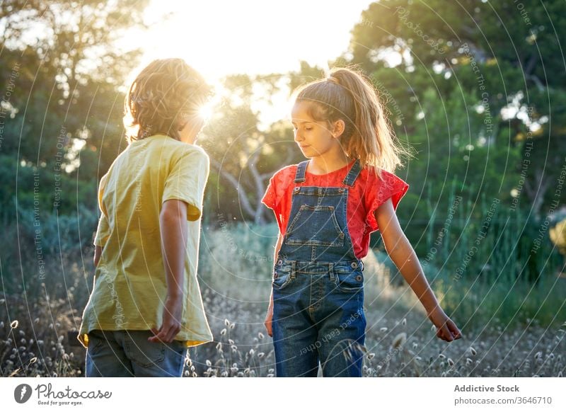 Zehnjähriger Junge und Mädchen gehen auf dem Land aktiver Lebensstil zwischen Zwei Personen Schwester Ruhe Lächeln Sitzen Kinder Sonnenlicht Landschaft Tag