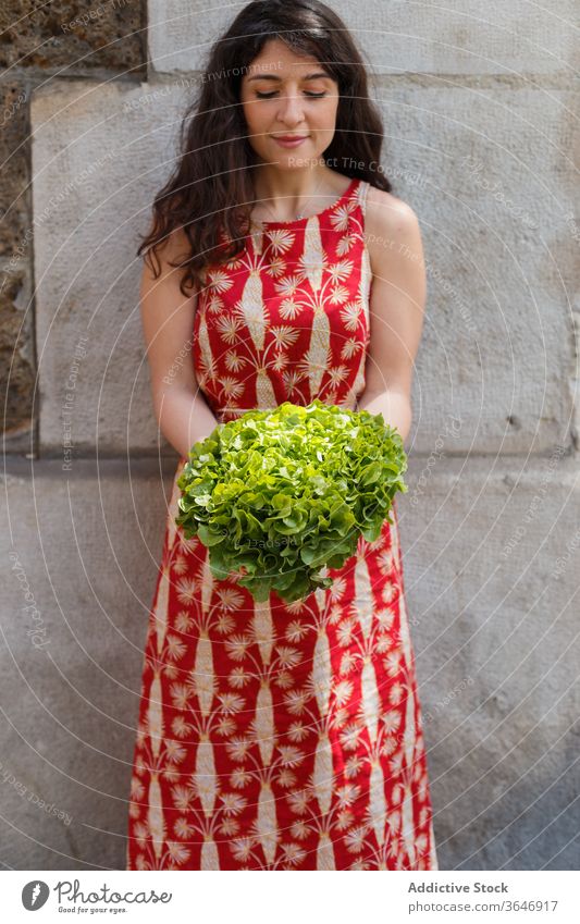 Zufriedene Frau mit Salatbüschel frisch Haufen reif grün Sommer Saison organisch Vitamin Gebäude ruhig Stein Steinwand Gesundheit Windstille schlank Pflanze