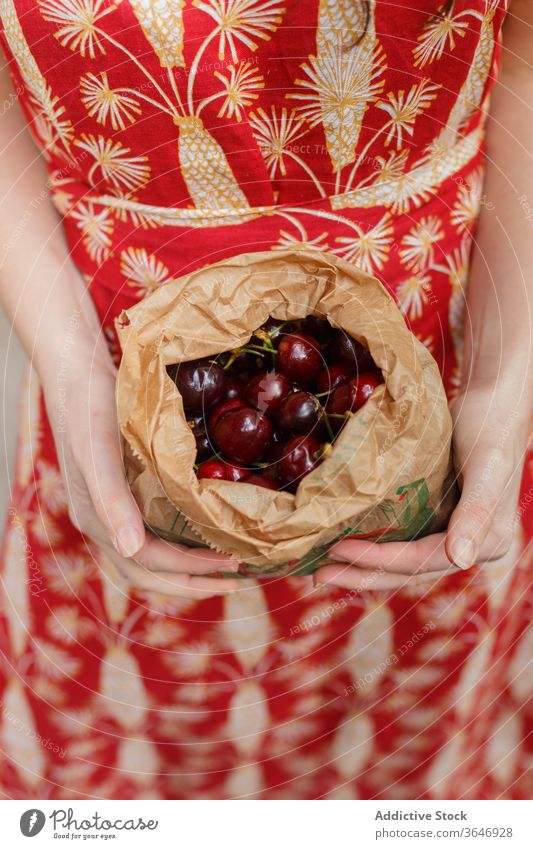 Erntehelferin mit frischer Kirsche in der Tasche reif Frau Tüte organisch natürlich Lebensmittelgeschäft Sommer geschmackvoll Kleid Papier Produkt roh Paket