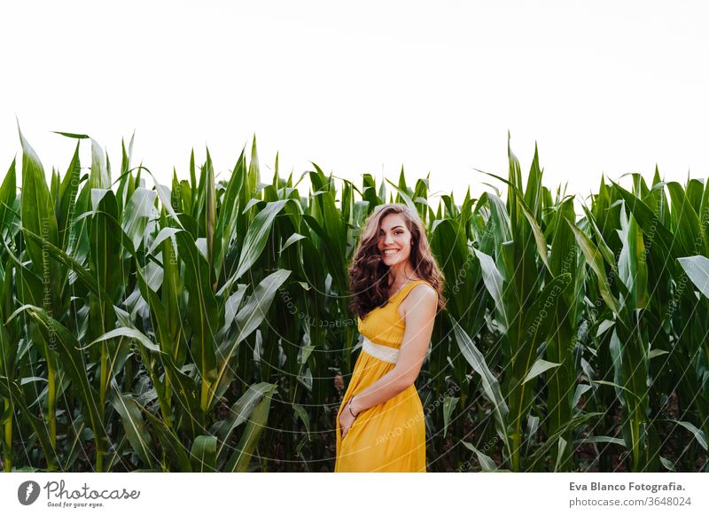 Porträt einer jungen schönen Frau in einem gelben Kleid, die in einem grünen Maisfeld steht. Sommerzeit und Lebensstil 1 Schönheit sorgenfrei lässig Kaukasier