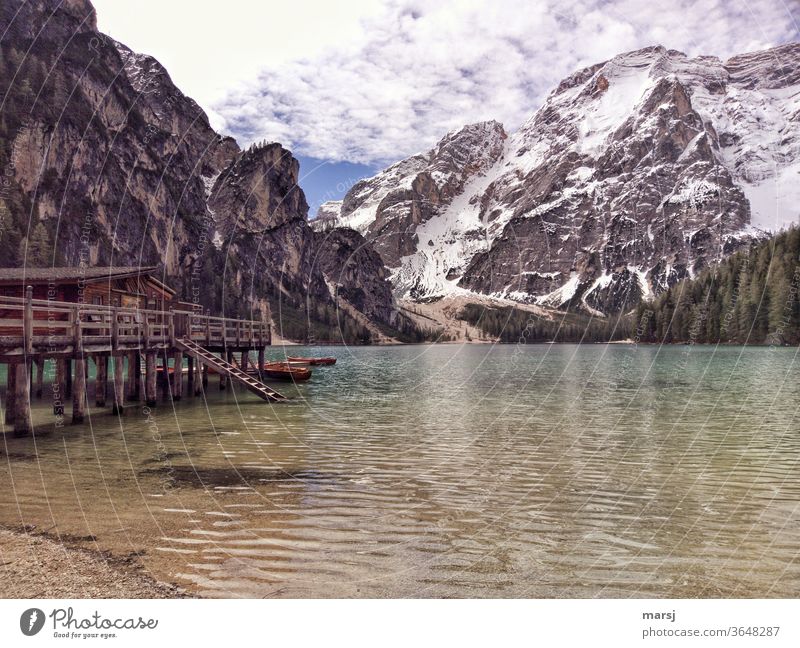 Pragser Wildsee mit Schiffsteg und Berge Dolomiten See Bergsee Berge u. Gebirge Natur Ferien & Urlaub & Reisen Italien Ausflug Tourismus Südtirol Landschaft