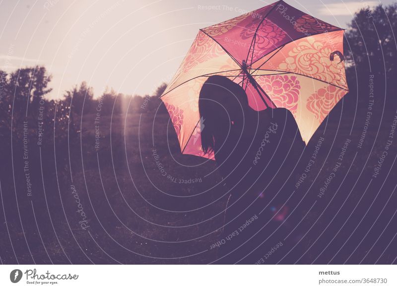 Nicht erkennbare Silhouette der Dame mit hinterleuchtetem Schirm Regenschirm Frau Freiheit Glück frei Kleid Emotion klassisch Person Bild Himmelshintergrund
