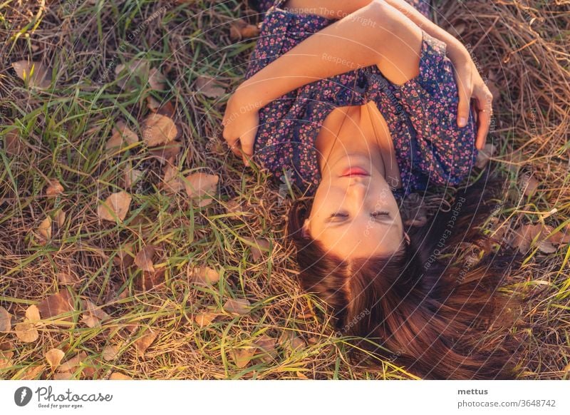 Junge Frau, die im Herbst im geschwollenen Gras liegt - Porträt von oben jung geschwollenes Gras im Freien Lügen Ansicht Top fallen Mädchen schöne Frau hübsch