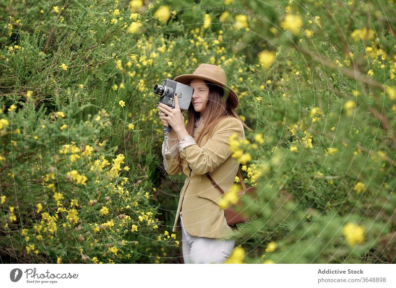 Fröhlicher Fotograf geht im Park mit einer alten Videokamera spazieren Spaziergang Fotokamera retro Buchse Blütezeit Blume Landschaft Sommer Strauch schlendern
