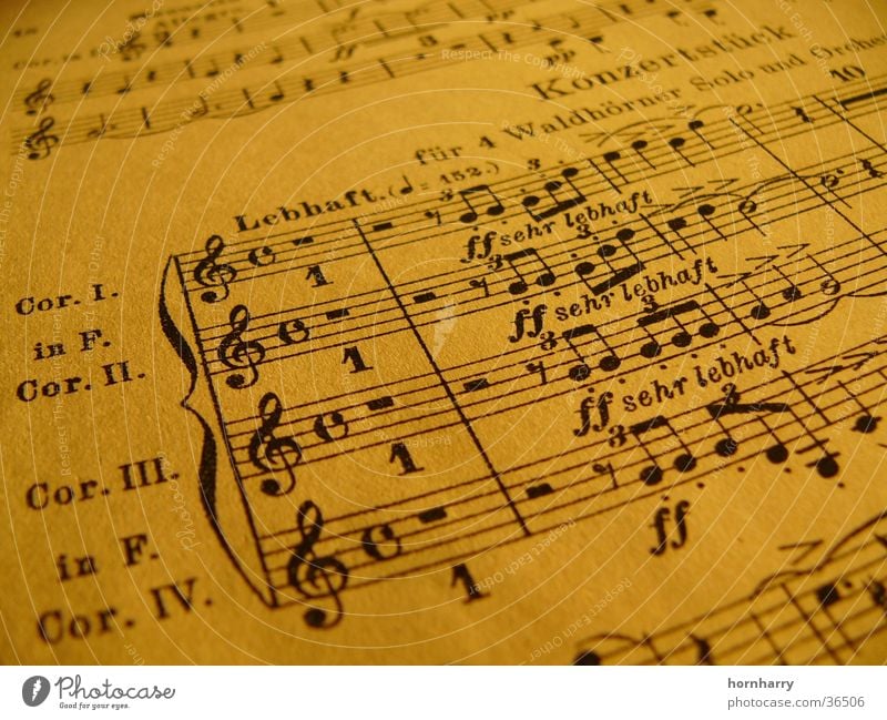 Konzertstück für 4 Hörner Papier Notenschlüssel Pause Tinte Notenblatt Musik Musiknoten Horn Schumann Triole Notenlinien Partitur