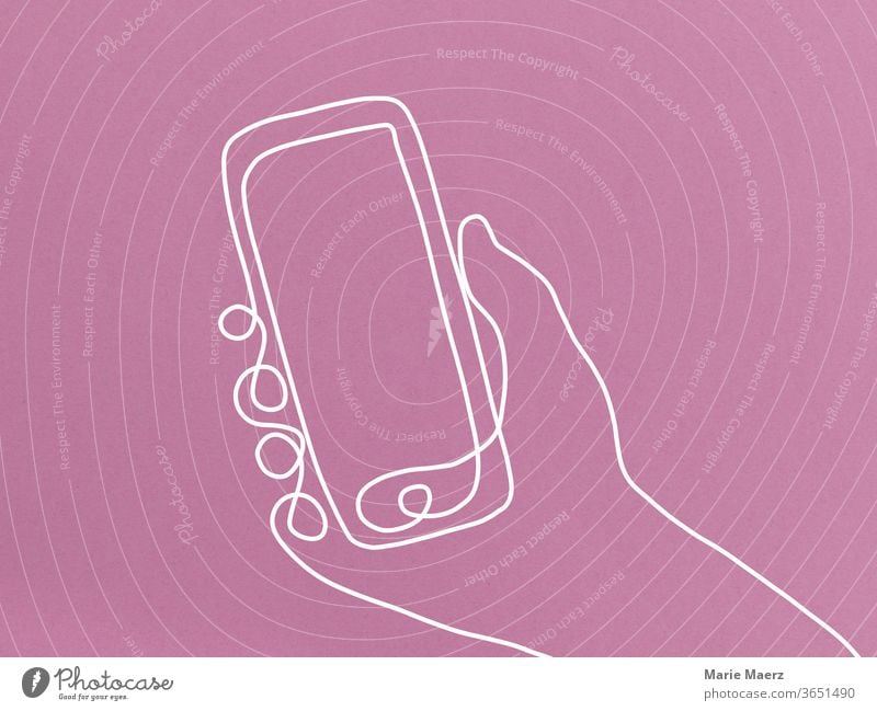Handy in der Hand - Linienzeichnung Hintergrund neutral Kommunizieren Ablenkung Sucht Chatten Lifestyle Information Neugier Freizeit & Hobby modern