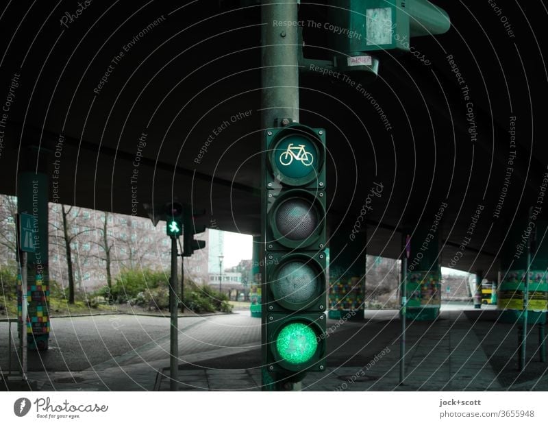 Fahrradampel Berlin zeigt grün Ampel Mobilität Verkehrszeichen Verkehrswege Symbole & Metaphern Fußgängerampel Piktogramm Sicherheit dunkel Design