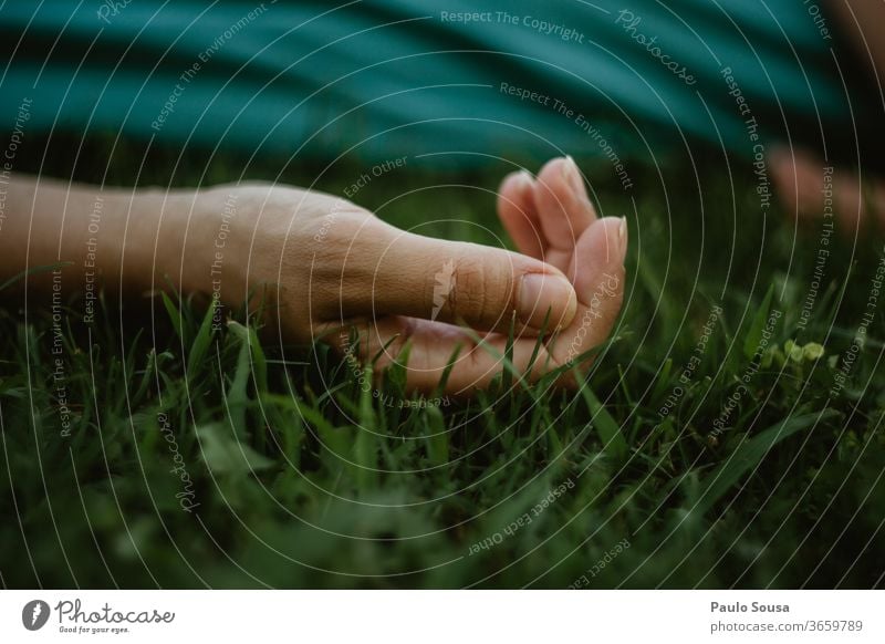 Hand aus nächster Nähe auf dem Rasen Körperteil Nahaufnahme Hände Finger Mensch Außenaufnahme Entwurf Haut minimalistisch Hintergrund gestikulieren Menschen