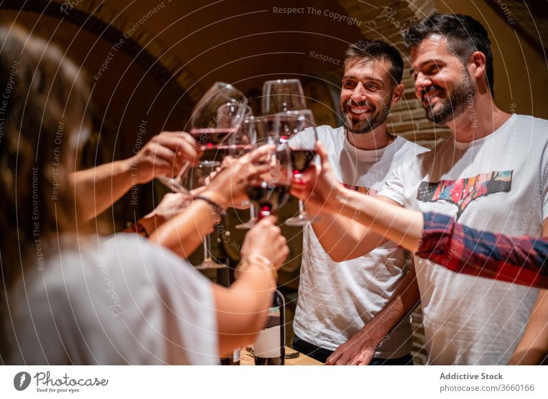 Fröhliche Freunde klirren bei Weinprobe im Weingut Rotwein Verkostung Klirren Zuprosten degustieren trinken heiter Glück duftig genießen Weinglas modern lecker