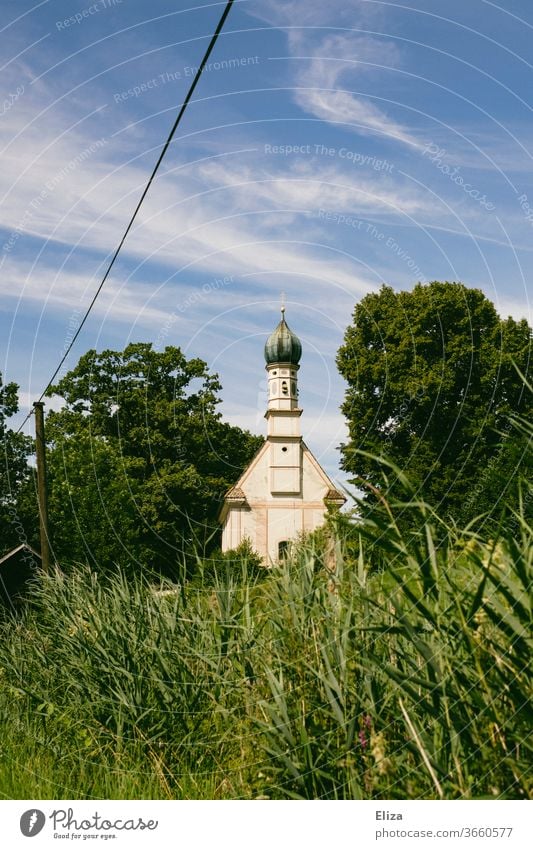 Kirche im Grünen, umgeben von Bäumen und blauem Himmel. Natur grün Kirchturm Religion & Glaube Gebäude Christentum Bauwerk Kirchturmspitze Wiese Gras