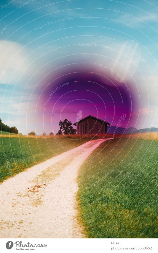 Schönfärberei. Experimentelle Landschaftsaufnahme mit einem lila Filter vor einer Holzhütte Hütte experimentell Weg Himmel grün Natur Sommer blau Wiese Haus