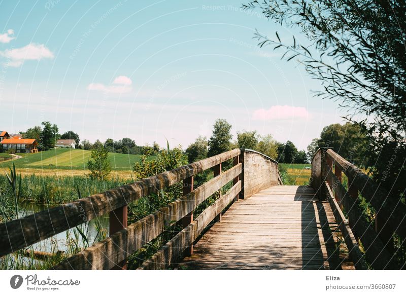 Eine Brücke aus Holz, die über einen Bach führt Holzbrücke Landschaft idyllisch überqueren Weg Sonnenshein Ausflug auf dem Land Feld Sommer Spaziergang ländlich