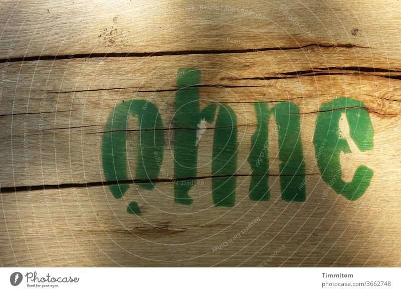 ohne - grüne Beschriftung auf Holz Wort Buchstaben Risse Trockenrisse Strukturen & Formen Typographie Außenaufnahme Menschenleer