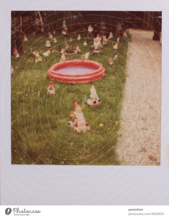 Polaroid zeigt viele Gartenzwerge und ein Planschbecken in einem Garten. Deutsche Spießigkeit planschbecken sommer garten spießig polaroid wiese Kitsch Typisch