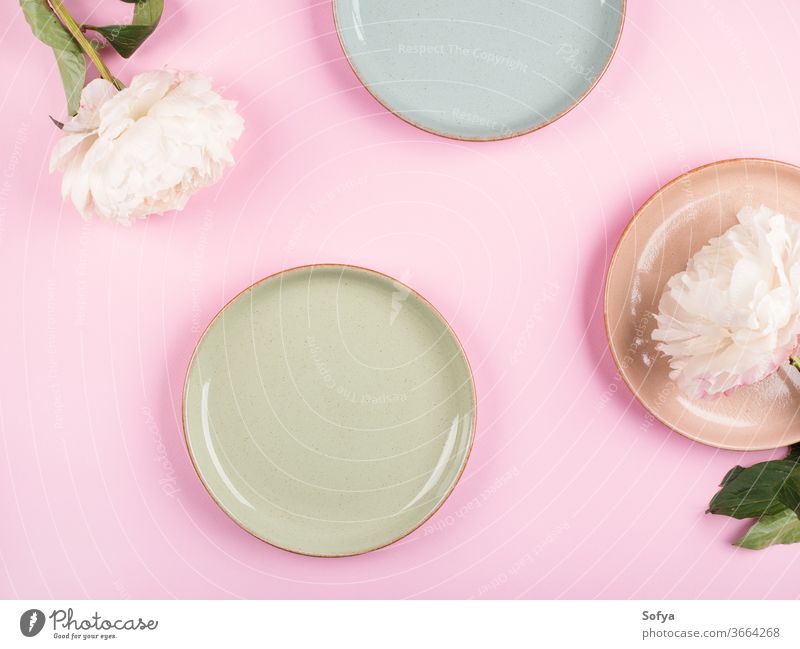 Pastellfarbene Gerichte auf Rosa rosa Speise Geschirr Keramik Blume Hintergrund Essgeschirr Design Küchengeräte Kulisse Lebensmittel Sommer Frühling Teller