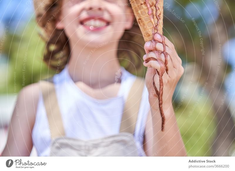Begeisterter Junge mit leckerer Eistorte zerlaufen Vergnügen Speiseeis froh Wochenende Urlaub Sommerzeit Dessert Natur Leckerbissen Kind essen Lächeln