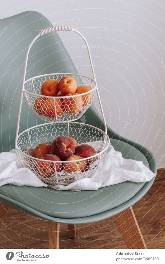 Reife Früchte in Metallkorb auf Stuhl Frucht Korb frisch reif Vitamin Aprikose Pfirsich organisch natürlich gesunde Ernährung Lebensmittel Gesundheit roh lecker