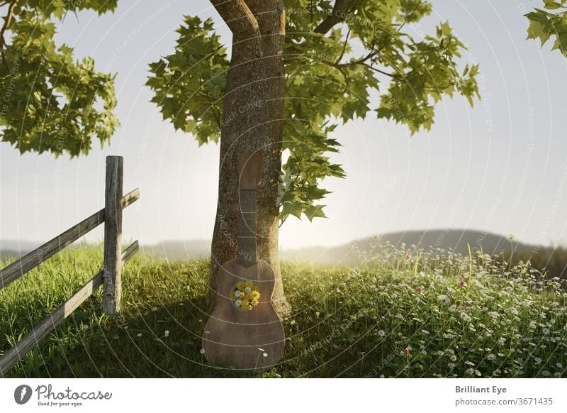 Ahornbaum auf hohem grünen Hügel mit einer angelehnten mit Blumen verzierte alte Ukulele Romantik Gefühl sich[Akk] entspannen Gesang sanft Blütenblätter Sonne