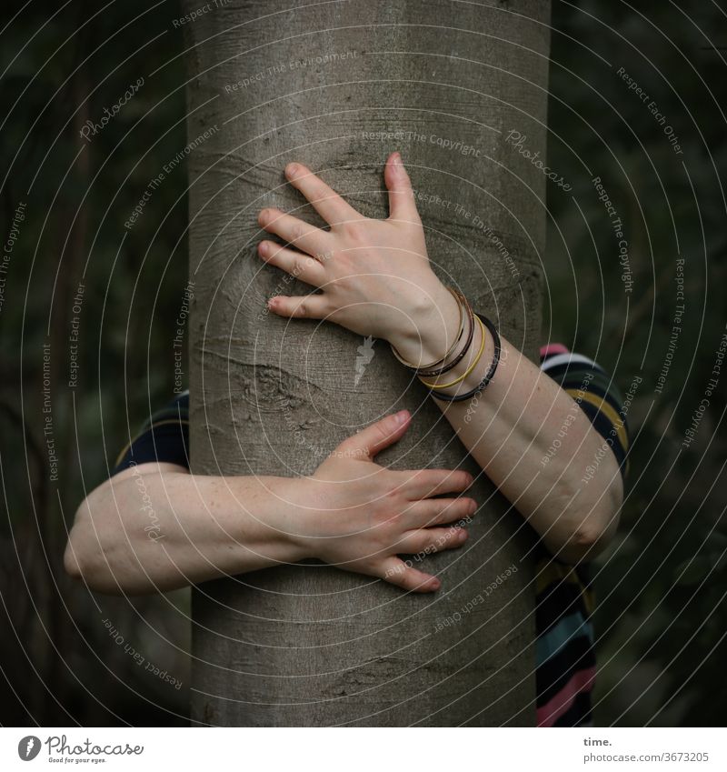 Baum knutschen | Druckerzeugnis baum umarmen kraft wald hände frau liebe hingabe armbändchen buche baumstamm demut natur meditation inspiration