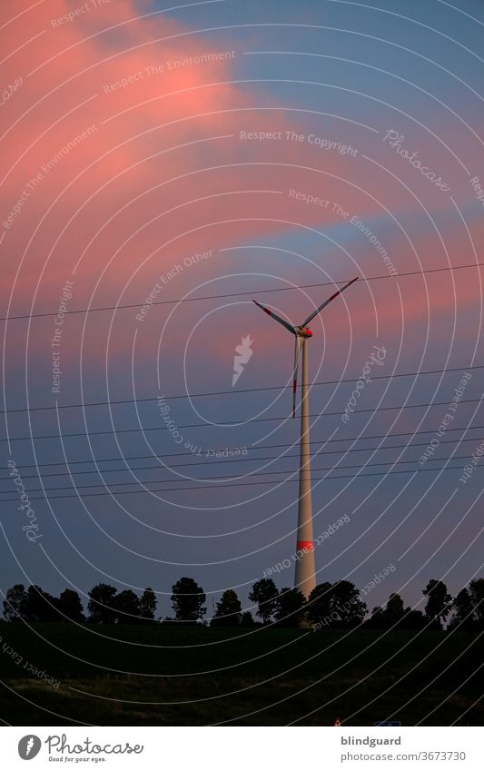 Energie im Abendrot. Windkrafttum hinter Hochspannungsleitungen und Bäumen, vor orange-roten Abendwolken. Energiewirtschaft Windkraftanlage Wetter