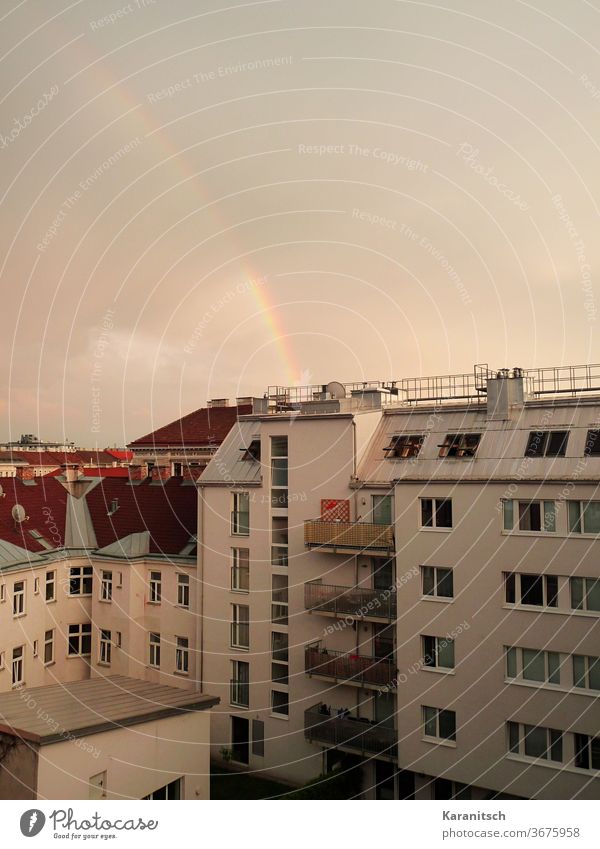 Ein Regenbogen spannt sich über die Stadt Natur Naturphänomen Wetter Sonnenschein Himmel Wolken Farben Häuser Wohnhäuser Dächer Architektur Landschaft
