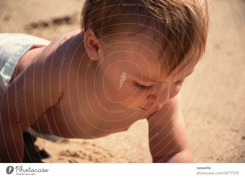 Kleiner Junge entdeckt Sand am tropischen Strand aus nächster Nähe. Neugieriges Kleinkindporträt, das im Sommer den Sandstrand untersucht. Aktives kaukasisches Kleinkind. Neugierde, Konzentration und Entdeckungen im Urlaub.