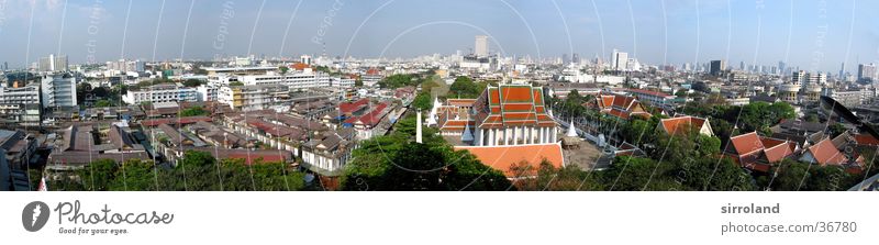 Wat Saket (Golden Mount) Thailand Bangkok Sonne Smog Sommer Panorama (Aussicht) Weitwinkel Ferien & Urlaub & Reisen Ferne grün rot Erfolg Blauer Himmel Nebel