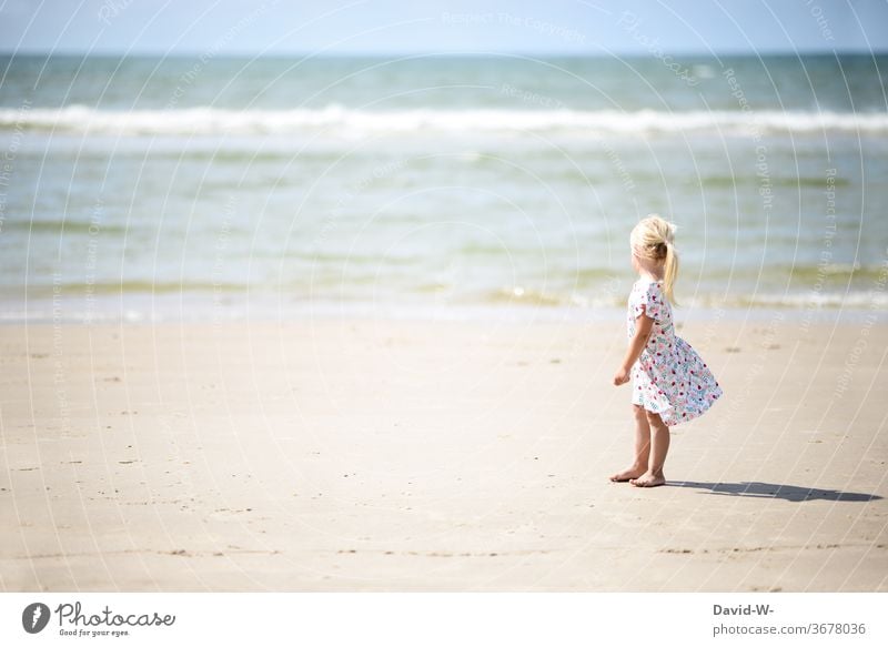 Mädchen steht im Sommerkleid am Strand und bewundert das viele Wasser Meer stehen bewundern Sand alleine anonym Rückansicht niedlich schön fasziniert riesig