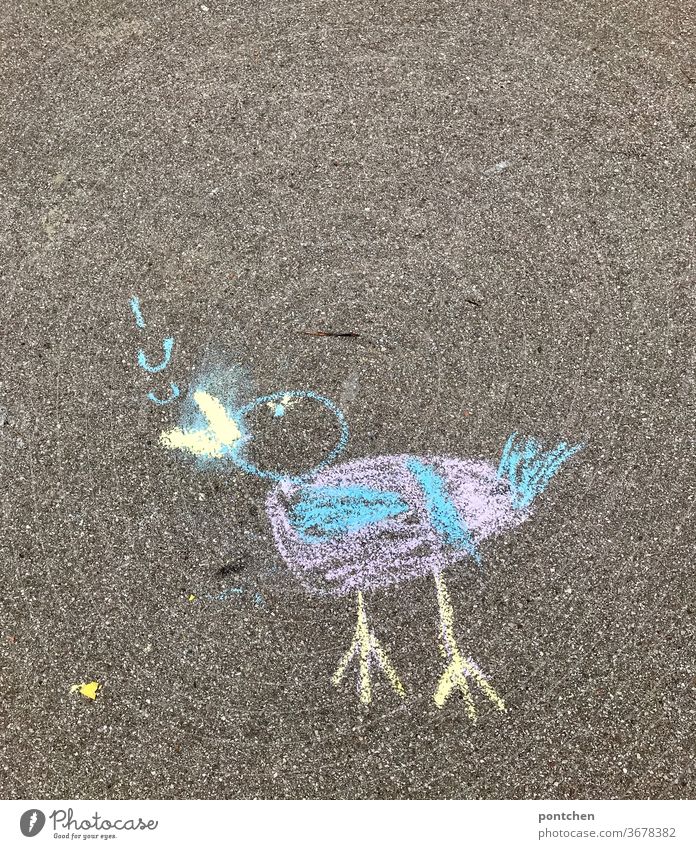 Ein zwitschernder kleiner Vogel mit straßenkreide  gemalen. Kinderspiel Straßenkreide zeichnung kinderzeichnung kinderspiel farben Kreativität Kindheit