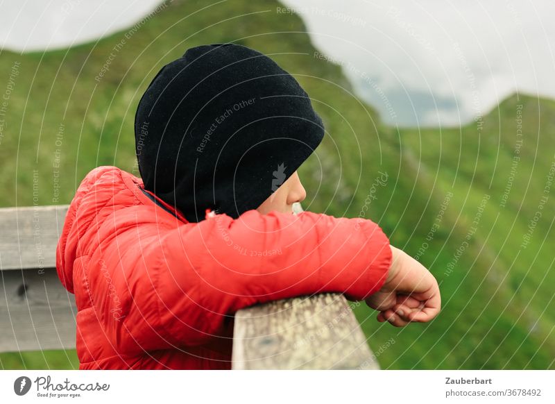 Kleiner Junge mit roter Jacke und schwarzer Mütze lehnt über einer Brüstung und schaut in die Berge grün schauen Wandern Hand Profil Blick Weite Tal Wiesen
