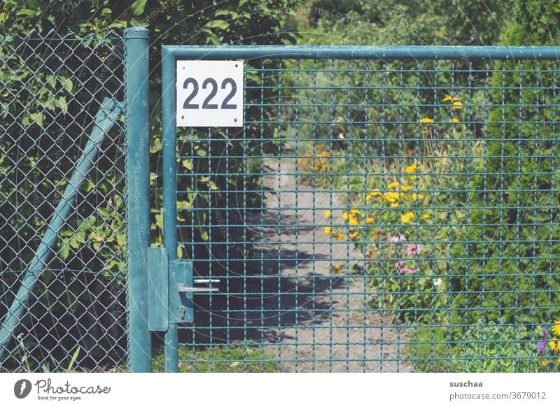 gartentor mit der nr. 222 Garten Gartentor Gartentür Eingang Kleingartenverein Zaun Gitter hindurchsehen Nr. Zahl Metalltür sommerlich Deutschland Busch Blumen