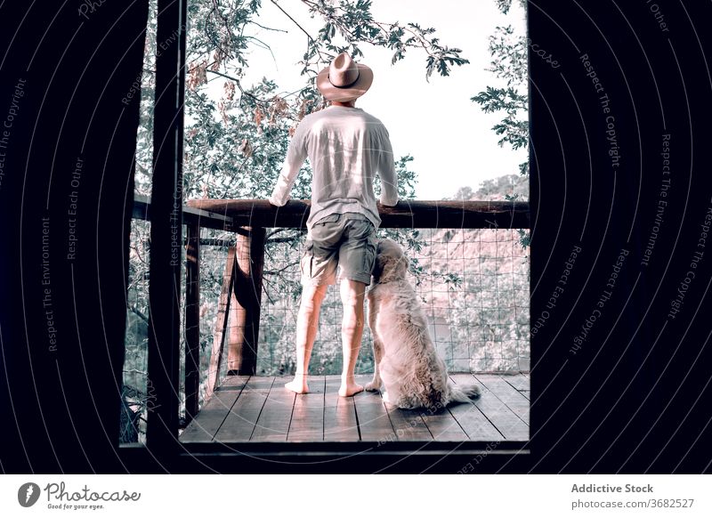 Entspannter Mann auf Balkon mit Hund Wald Morgen Haus Reisender genießen hölzern Urlaub männlich Sommer ruhen Freund Freiheit Terrasse Tourismus idyllisch