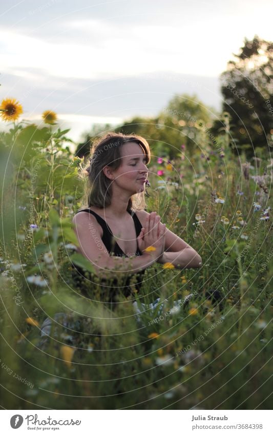 Namstè Blumenfeld Sonnenuntergang schön Meditation Frau Junge Frau Blumenwiese Sonnenblume Gräser Blütenpflanze Yoga entspannt entspannungsübung entschleunigung