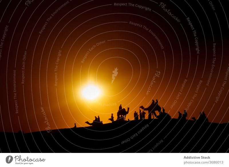 Reisende auf Kamelen gegen Sonnenuntergang Himmel Camel Wohnwagen Silhouette Reisender Menschen wüst dunkel Indien reisen Natur Abend Abenddämmerung Tourismus