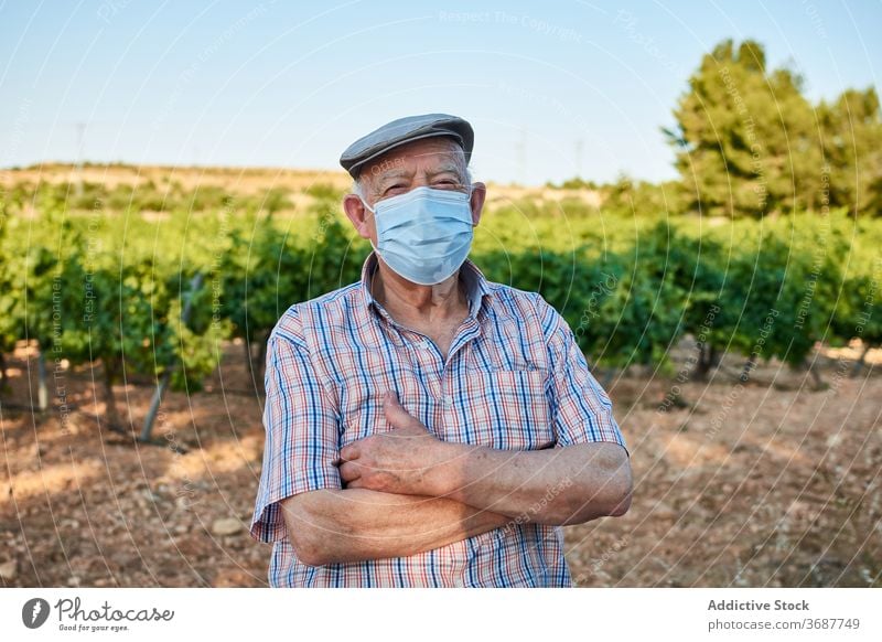Älterer Mann mit medizinischer Maske auf dem Lande Senior älter Landschaft Mundschutz behüten Coronavirus COVID Sommer Natur männlich alt gealtert COVID19