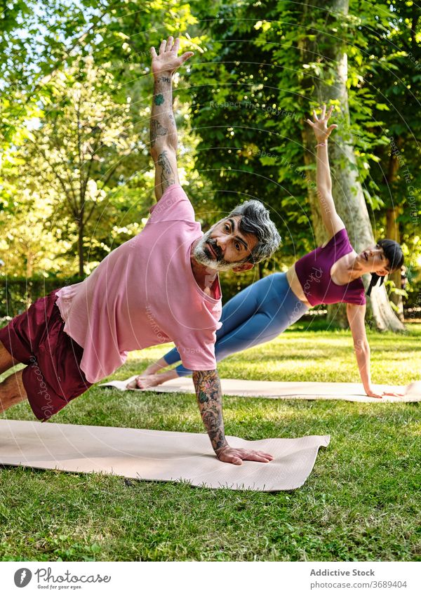Paar übt Yoga in Side Plank Position im Park Seitenbrett Schiffsplanken Pose phalakasana Zusammensein Gesundheit üben Harmonie Natur Asana sonnig Partnerschaft