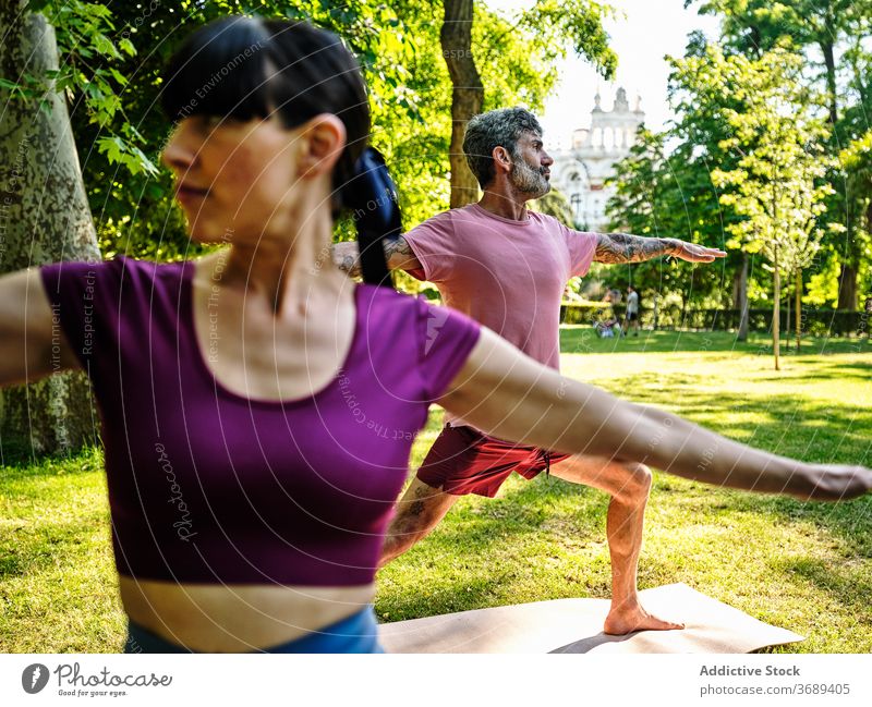 Ruhiges Paar übt Yoga in Warrior Pose zusammen Krieger-Pose Zusammensein Park Barfuß sonnig virabhadrasana Training Partnerschaft ruhig Gesundheit Gelassenheit