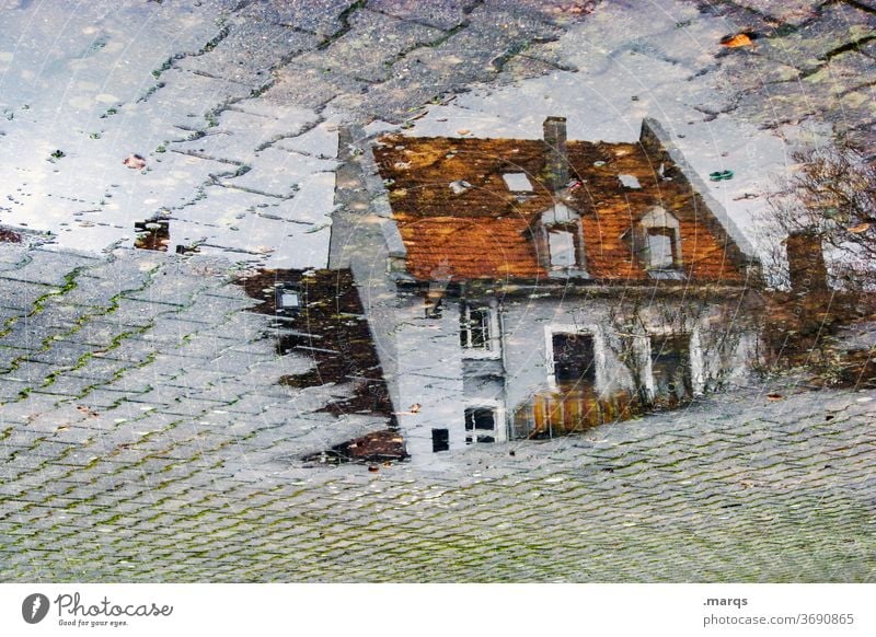 Wohnhaus in Pfütze nass Perspektive Steinplatten Herbst Reflexion & Spiegelung Haus grau wohnen