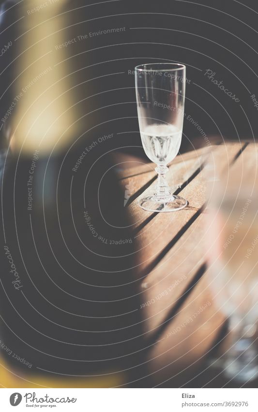 Ein Sektglas auf dem Tisch in der Sonne Prosecco Champagner Flasche Sommer trinken Alkohol fast leer Schluck Feste & Feiern Glas Schaumwein Getränk