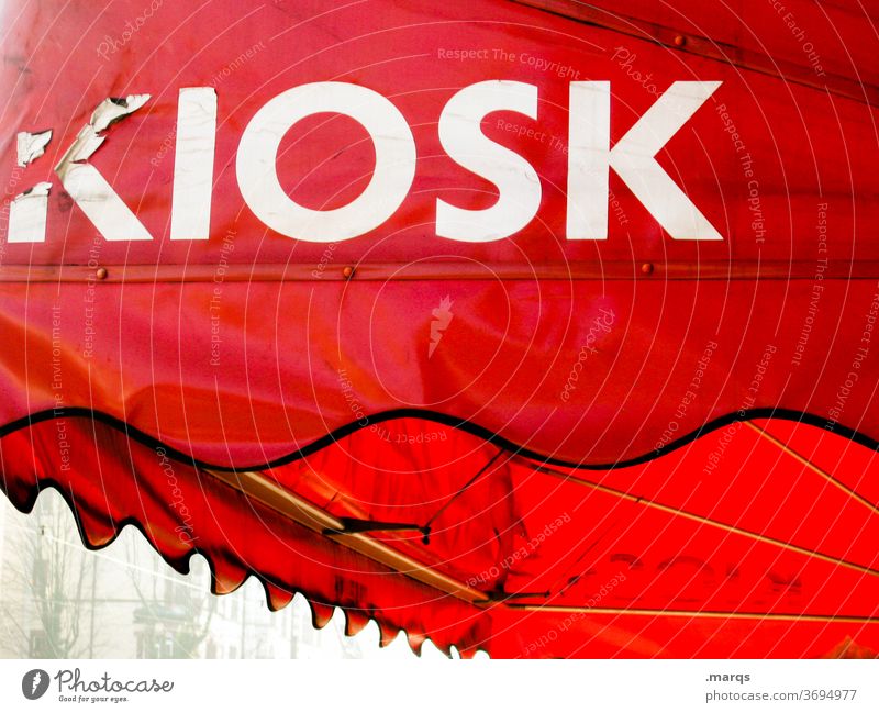 KIOSK Kiosk Buden u. Stände Schriftzeichen Typographie rot Markise Verkauf Zeitungshändler