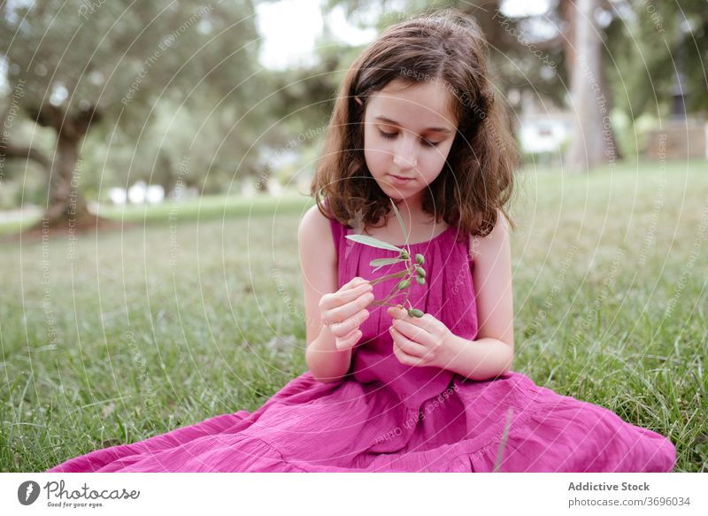 Ruhiges kleines Mädchen sitzt auf grünem Gras Sommer Park Natur ruhig Windstille besinnlich Kind sitzen bezaubernd Frau rosa farbenfroh Kleid Kindheit charmant
